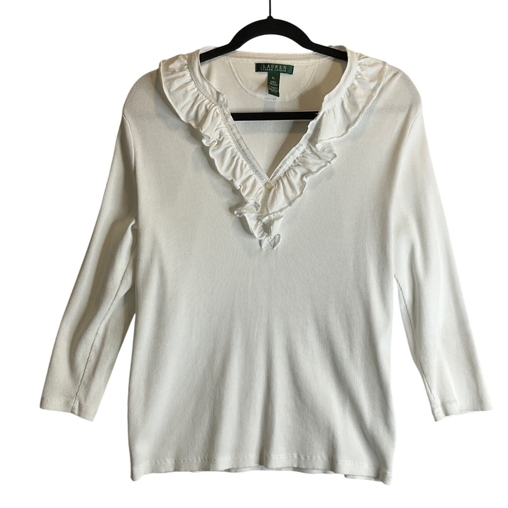Lauren Ralph Lauren White Pullover Ribbed Ruffle V-Neck Button details XL